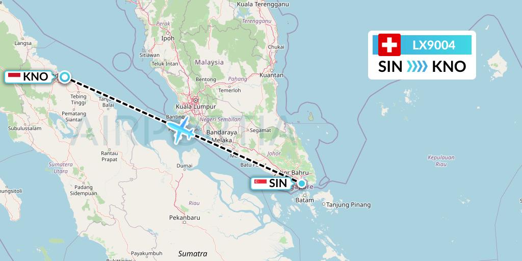 LX9004 Swiss Flight Map: Singapore to Medan
