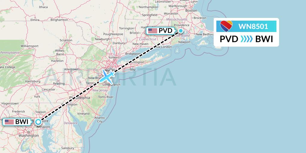 WN8501 Southwest Airlines Flight Map: Providence to Baltimore