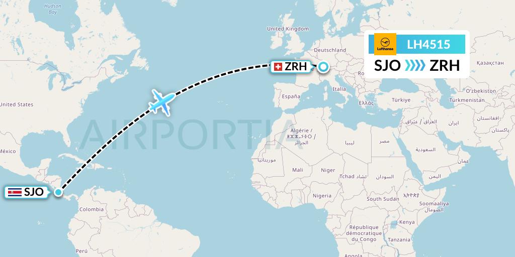 LH4515 Lufthansa Flight Map: San Jose to Zurich