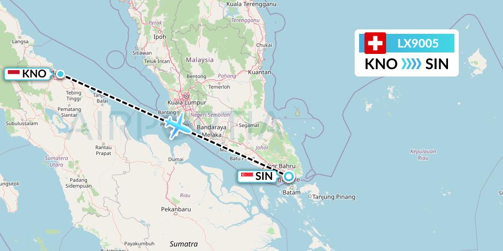 LX9005 Swiss Flight Map: Medan to Singapore
