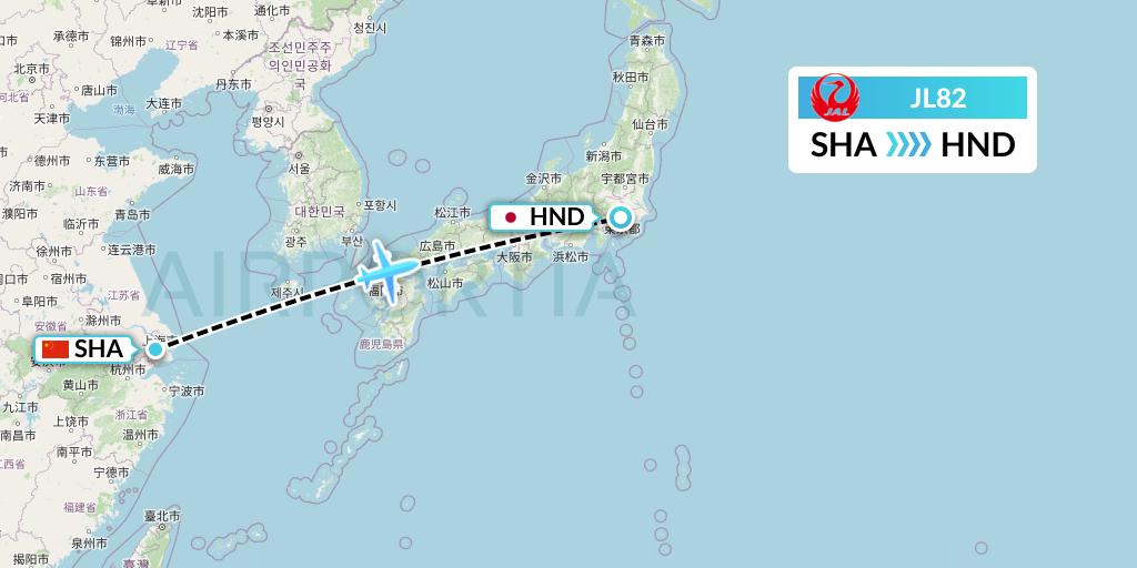 JL82 Japan Airlines Flight Map: Shanghai to Tokyo