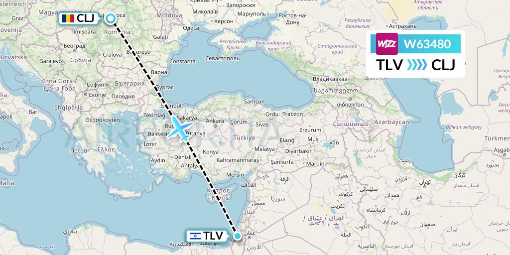 W63480 Wizz Air Flight Map: Tel Aviv to Cluj-Napoca