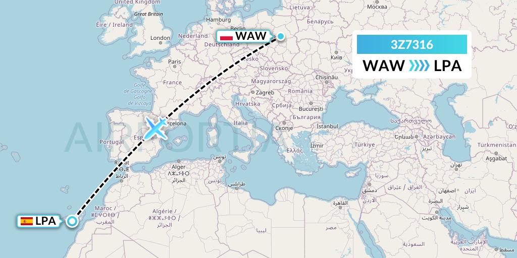 3Z7316 Travel Service Polska Flight Map: Warsaw to Las Palmas