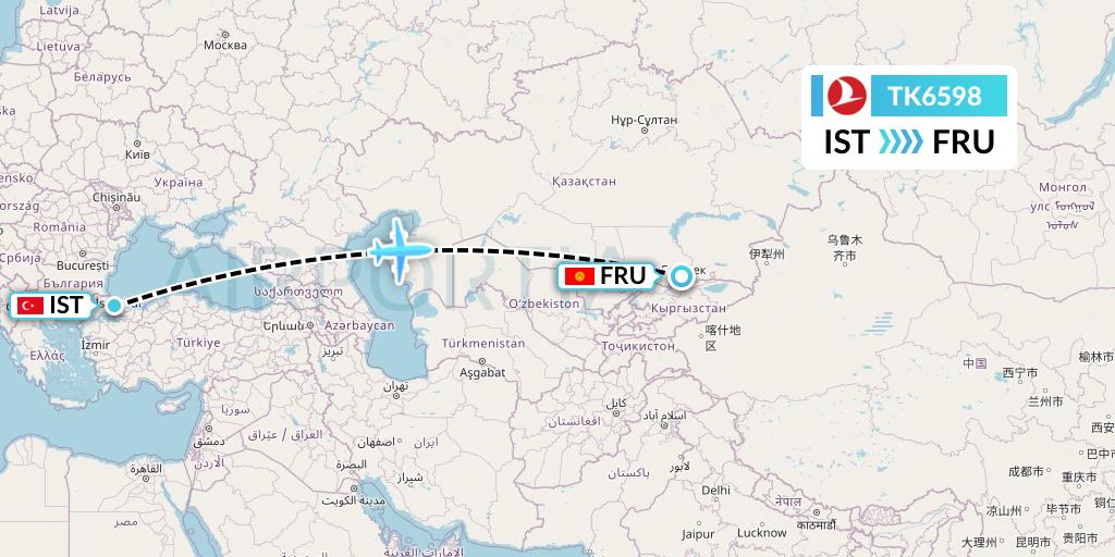 TK6598 Turkish Airlines Flight Map: Istanbul to Bishkek