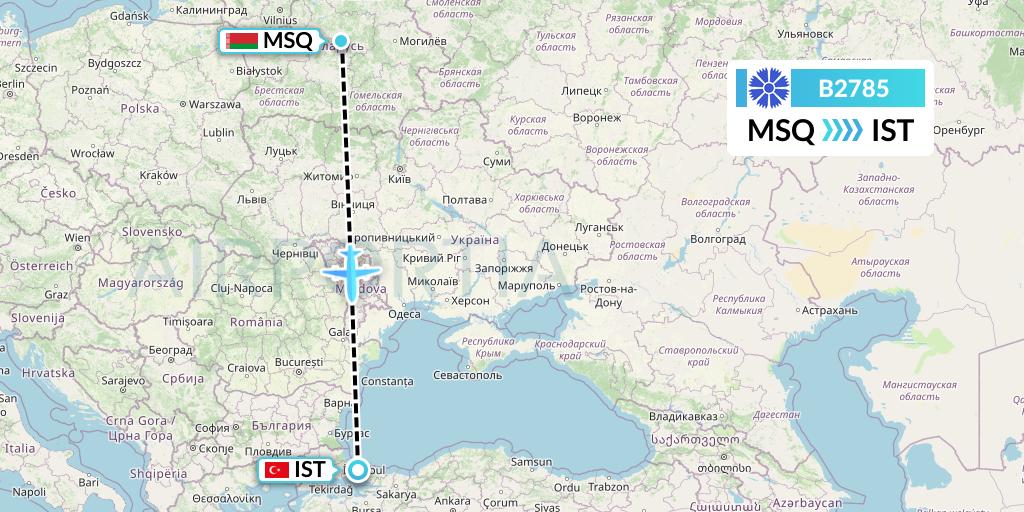 B2785 Belavia Flight Map: Minsk to Istanbul