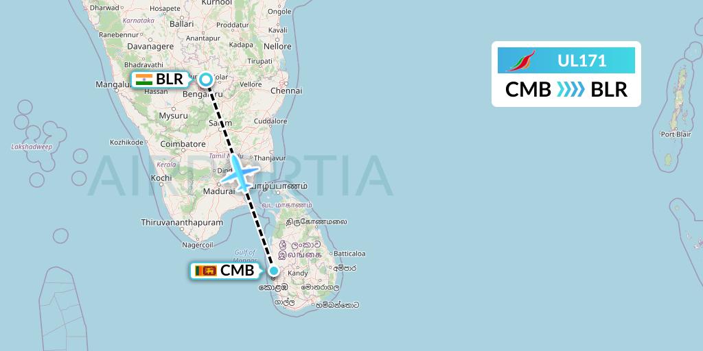 UL171 SriLankan Airlines Flight Map: Colombo to Bangalore