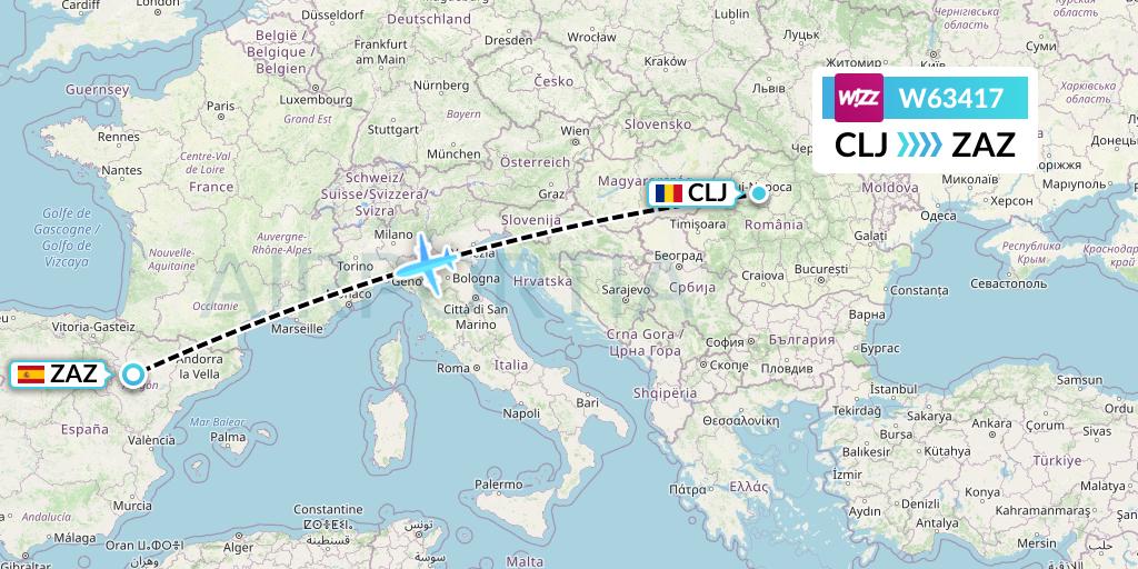 W63417 Wizz Air Flight Map: Cluj-Napoca to Zaragoza