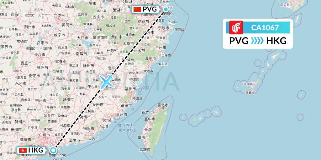 CA1067 Air China Flight Map: Shanghai to Hong Kong