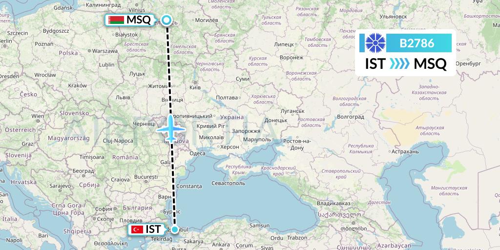 B2786 Belavia Flight Map: Istanbul to Minsk