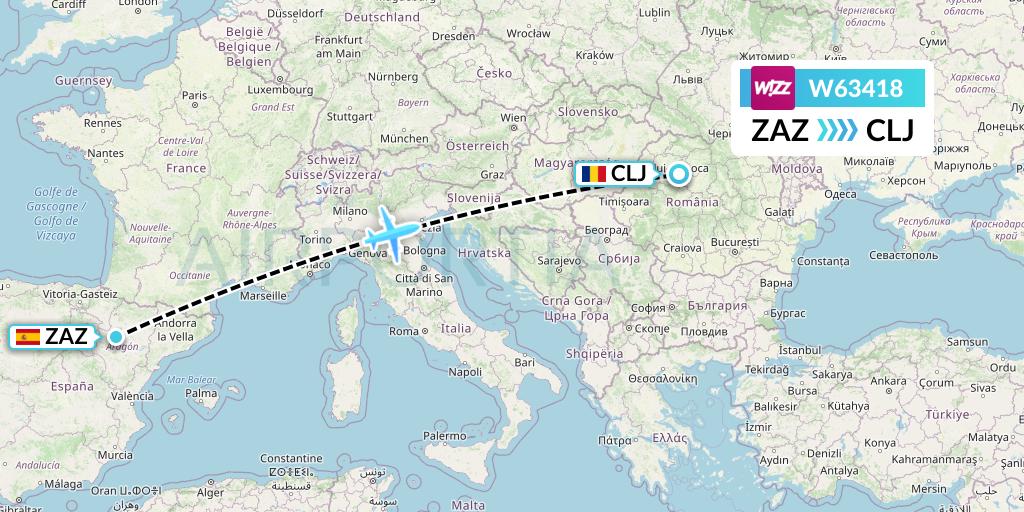W63418 Wizz Air Flight Map: Zaragoza to Cluj-Napoca