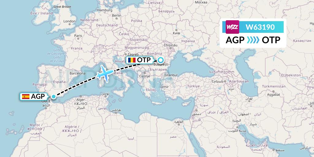 W63190 Wizz Air Flight Map: Malaga to Bucharest