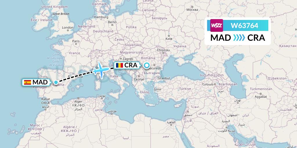 W63764 Wizz Air Flight Map: Madrid to Craiova