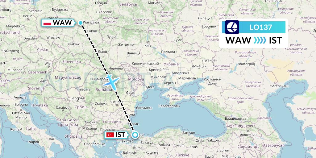 LO137 LOT Flight Map: Warsaw to Istanbul