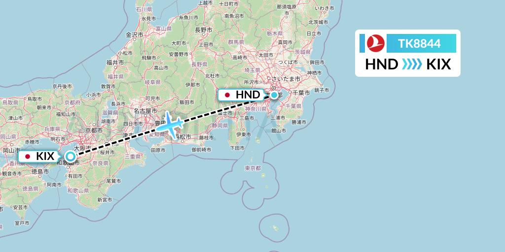 TK8844 Turkish Airlines Flight Map: Tokyo to Osaka