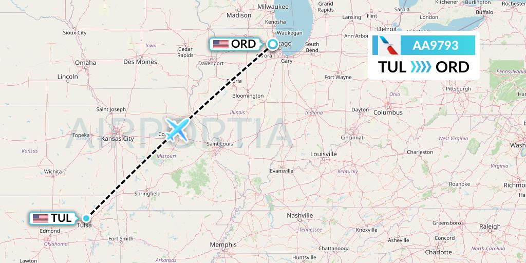 AA9793 American Airlines Flight Map: Tulsa to Chicago