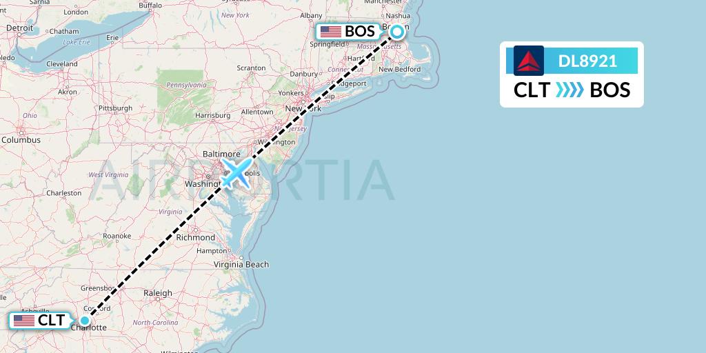 DL8921 Delta Air Lines Flight Map: Charlotte to Boston
