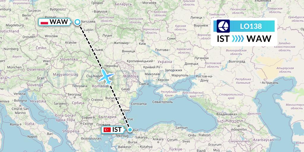 LO138 LOT Flight Map: Istanbul to Warsaw