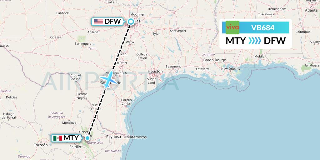 VB684 VivaAerobus Flight Map: Monterrey to Dallas