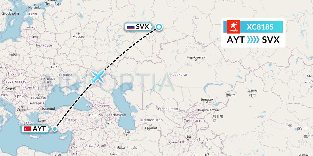 XC8185 Corendon Airlines Flight Map: Antalya to Yekaterinburg