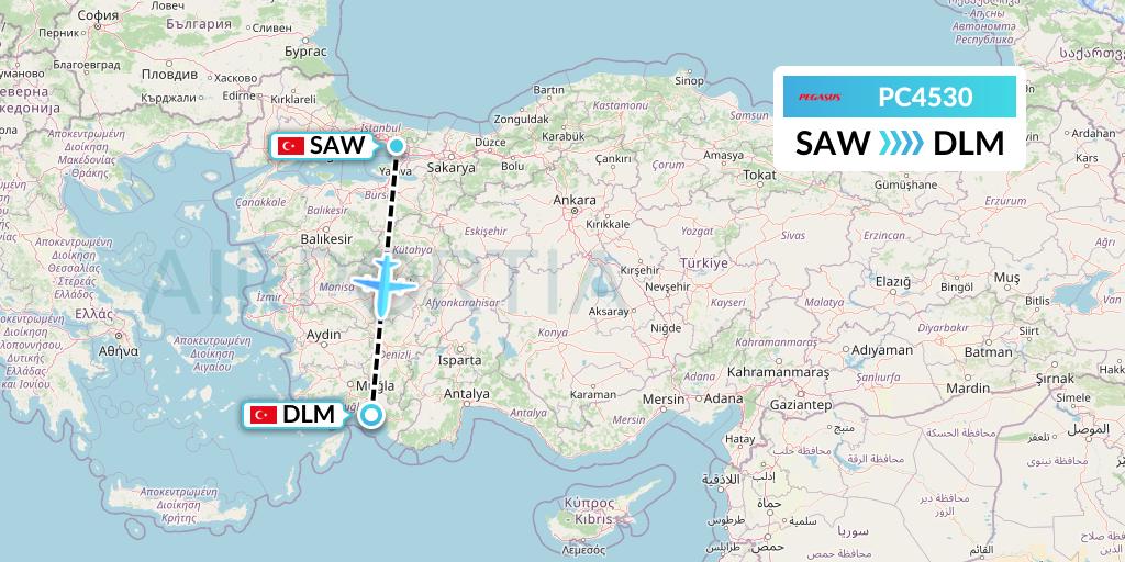 PC4530 Pegasus Airlines Flight Map: Istanbul to Dalaman
