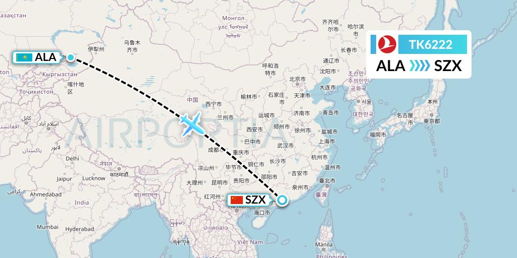 TK6222 Turkish Airlines Flight Map: Almaty to Shenzhen