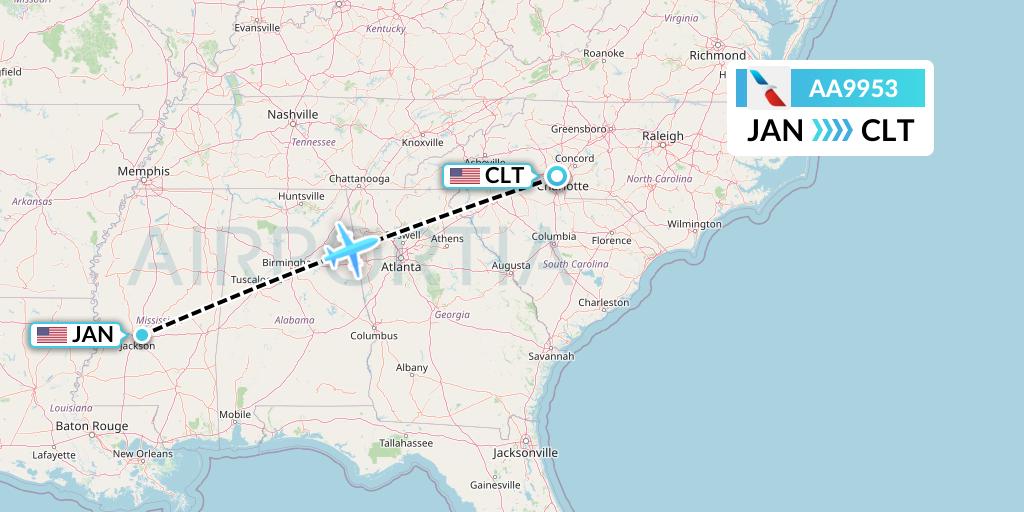 AA9953 American Airlines Flight Map: Jackson to Charlotte
