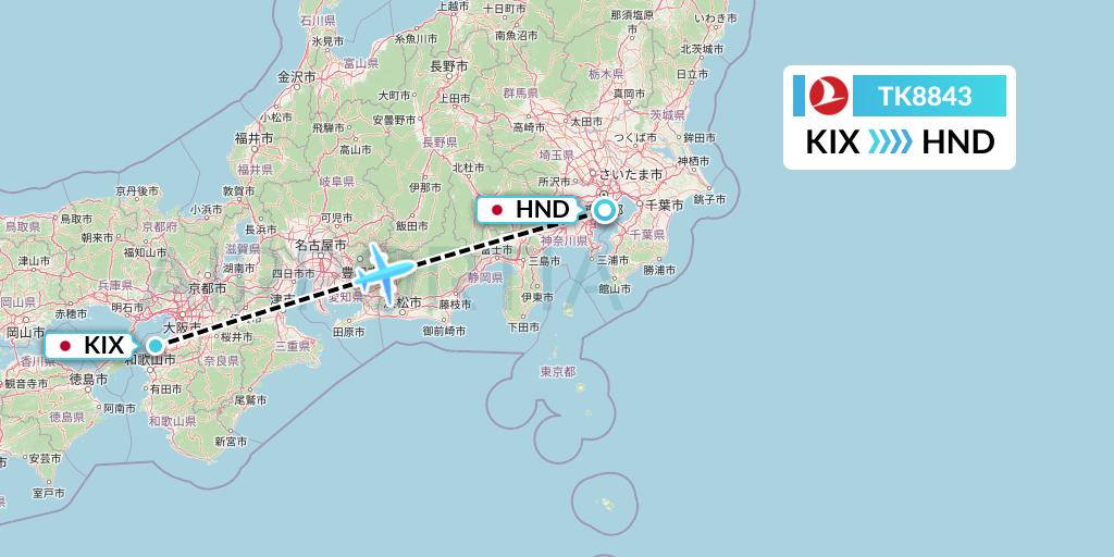 TK8843 Turkish Airlines Flight Map: Osaka to Tokyo