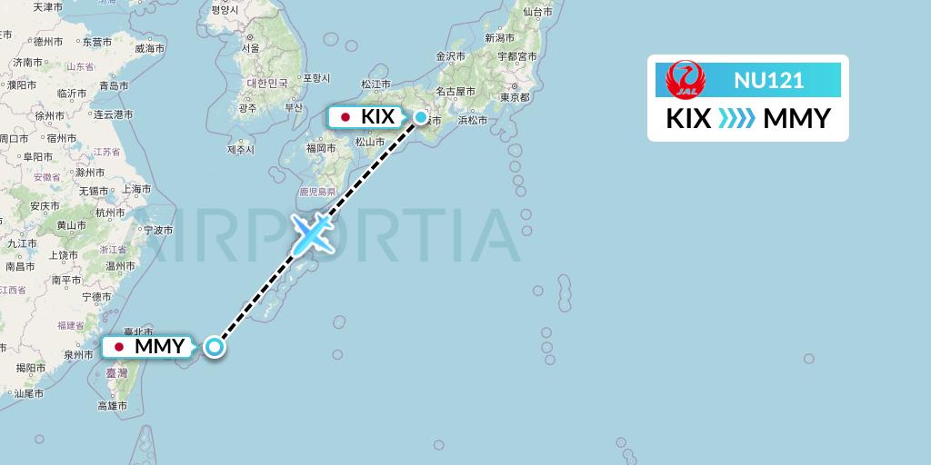 NU121 Japan Transocean Air Flight Map: Osaka to Miyako