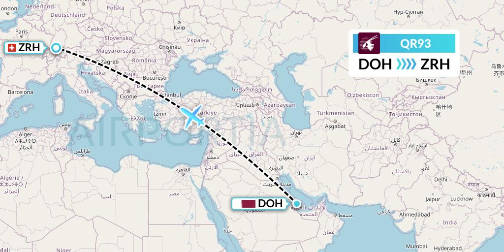 QR93 Qatar Airways Flight Map: Doha to Zurich
