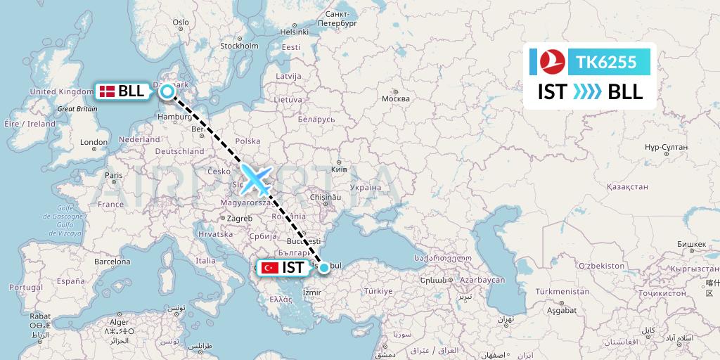 TK6255 Turkish Airlines Flight Map: Istanbul to Billund
