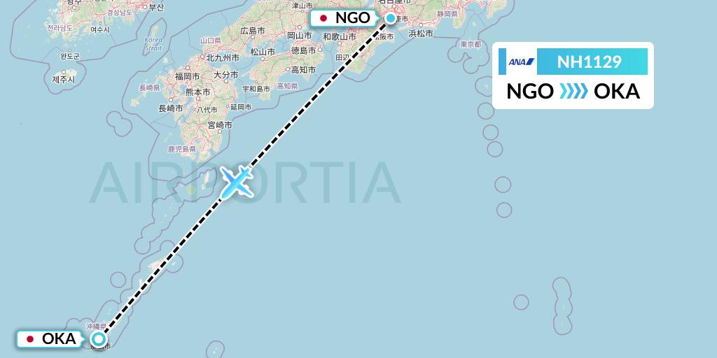 NH1129 All Nippon Airways Flight Map: Nagoya to Naha