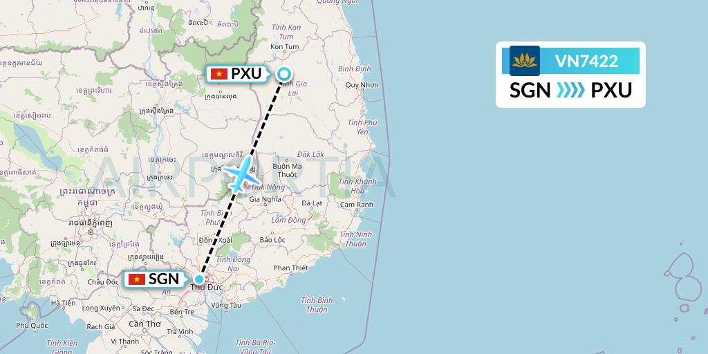 VN7422 Vietnam Airlines Flight Map: Ho Chi Minh City to Pleiku