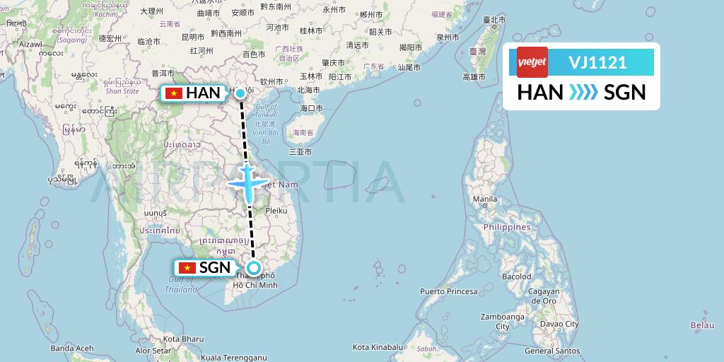 VJ1121 VietJet Air Flight Map: Hanoi to Ho Chi Minh City