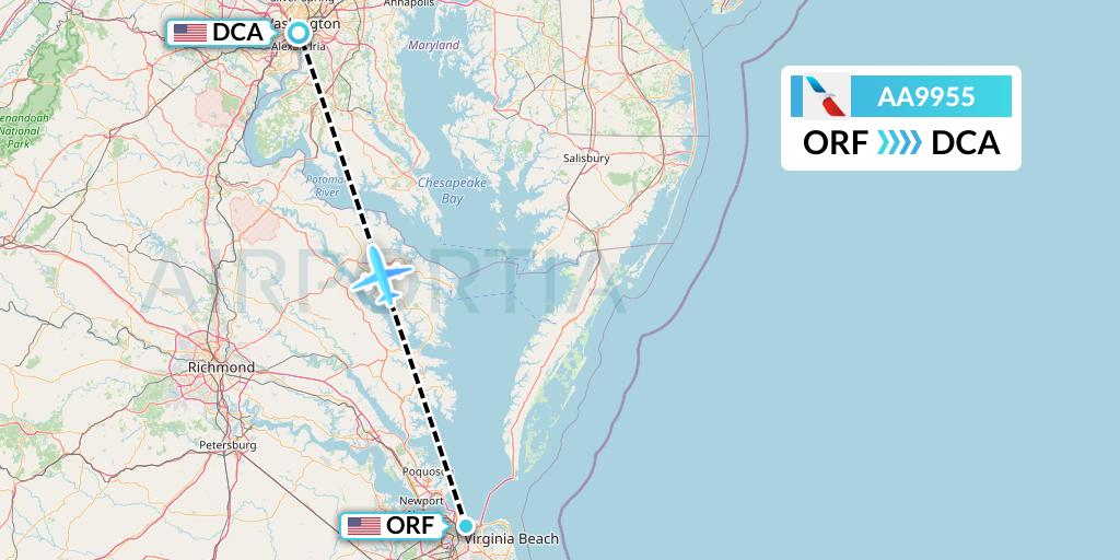 AA9955 American Airlines Flight Map: Norfolk to Washington