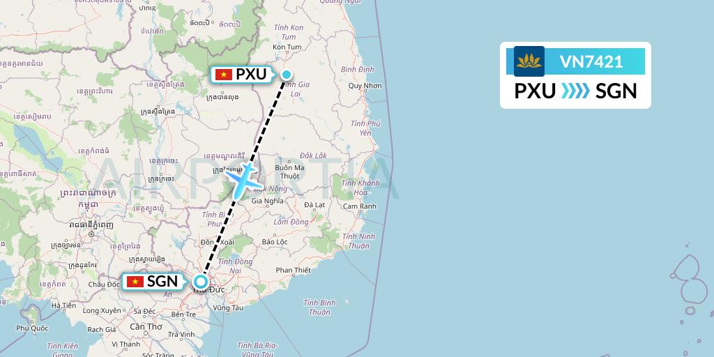 VN7421 Vietnam Airlines Flight Map: Pleiku to Ho Chi Minh City