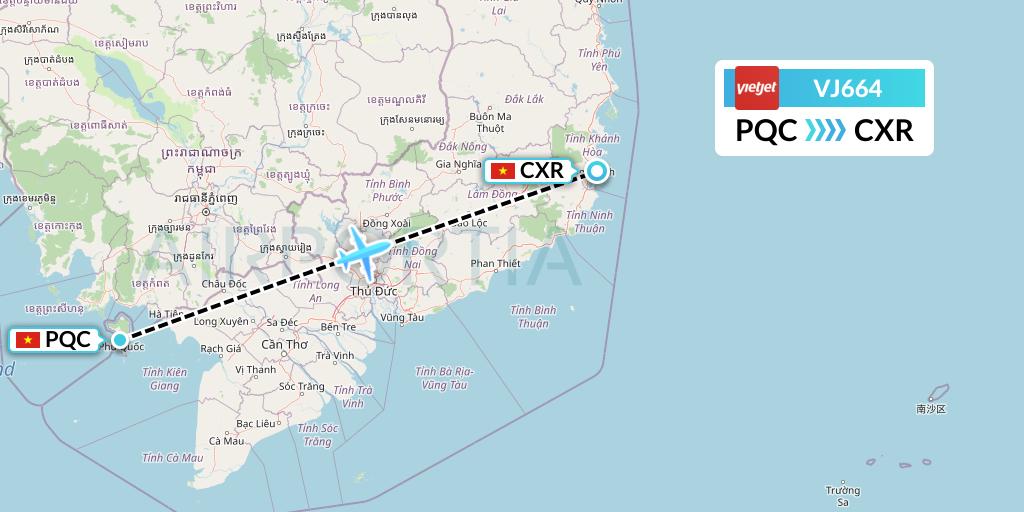 VJ664 VietJet Air Flight Map: Phu Quoc to Nha Trang