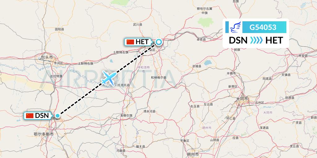 G54053 China Express Airlines Flight Map: Dongsheng to Hohhot