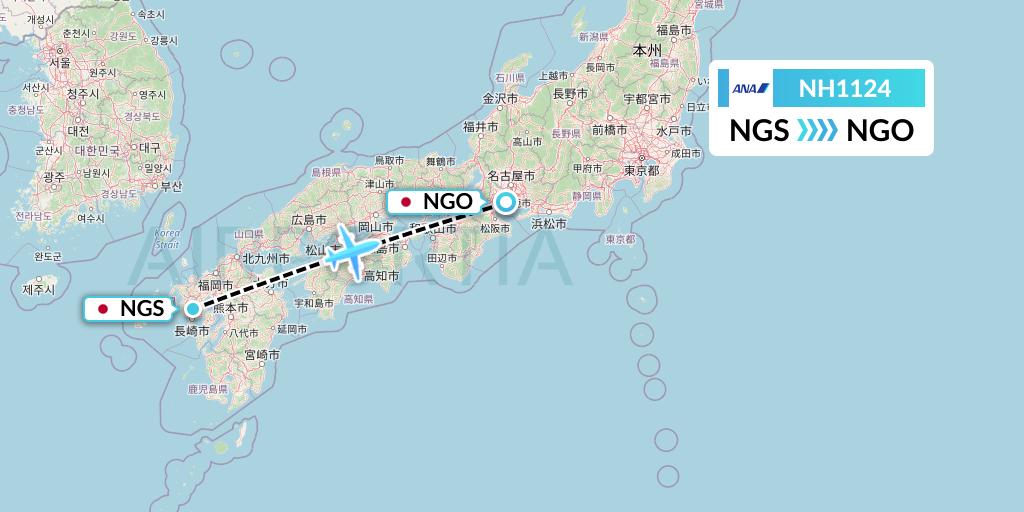 NH1124 All Nippon Airways Flight Map: Nagasaki to Nagoya