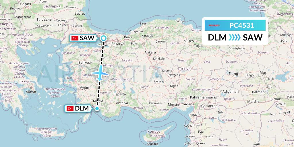 PC4531 Pegasus Airlines Flight Map: Dalaman to Istanbul