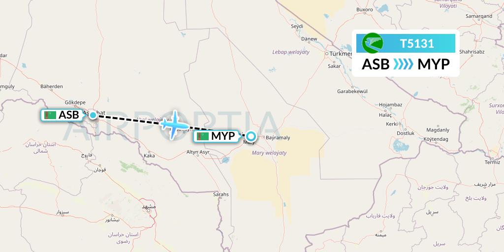 T5131 Turkmenistan Airlines Flight Map: Ashgabat to Mary