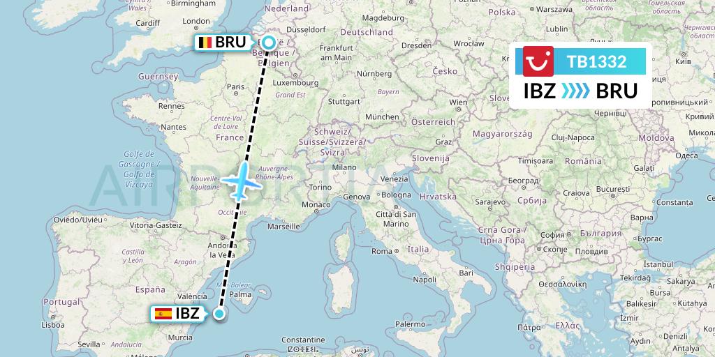 TB1332 TUI fly Belgium Flight Map: Ibiza to Brussels