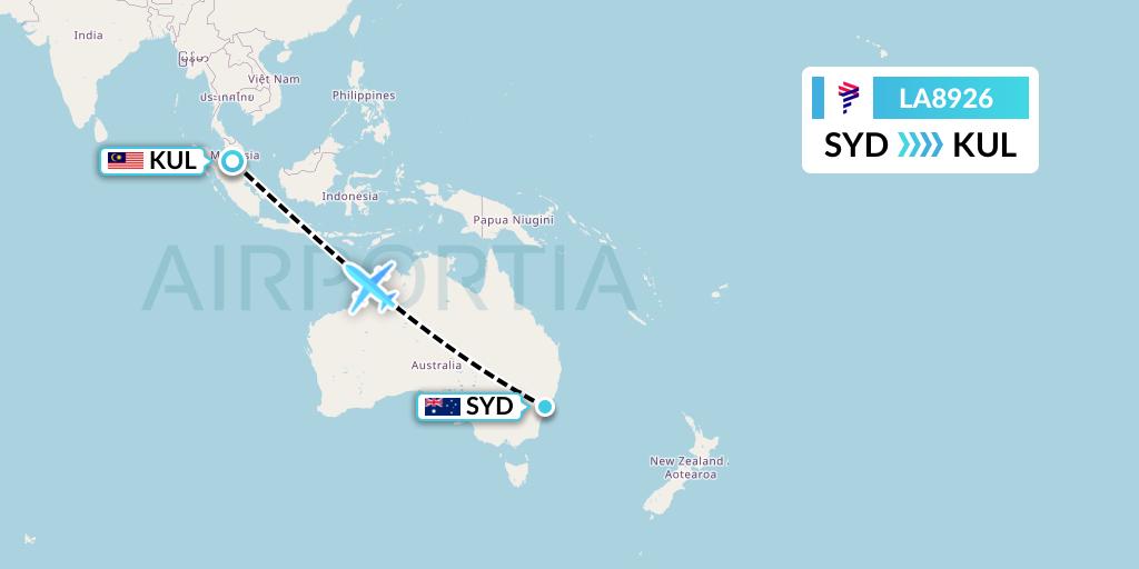 LA8926 LAN Airlines Flight Map: Sydney to Kuala Lumpur