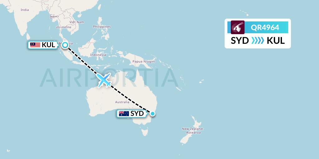 QR4964 Qatar Airways Flight Map: Sydney to Kuala Lumpur