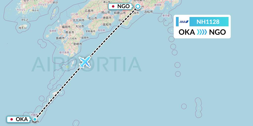 NH1128 All Nippon Airways Flight Map: Naha to Nagoya
