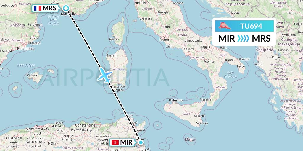 TU694 Tunisair Flight Map: Monastir to Marseille
