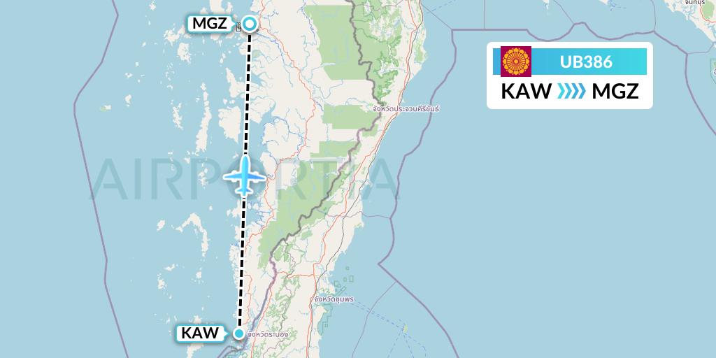 UB386 Myanmar National Airlines Flight Map: Kawthaung to Myeik