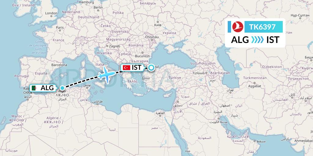 TK6397 Turkish Airlines Flight Map: Algiers to Istanbul