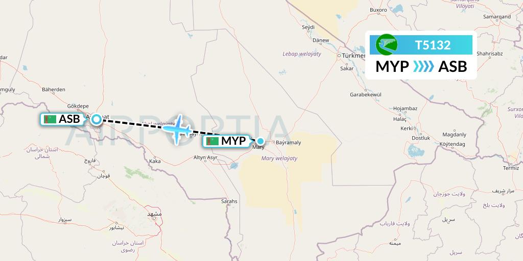 T5132 Turkmenistan Airlines Flight Map: Mary to Ashgabat