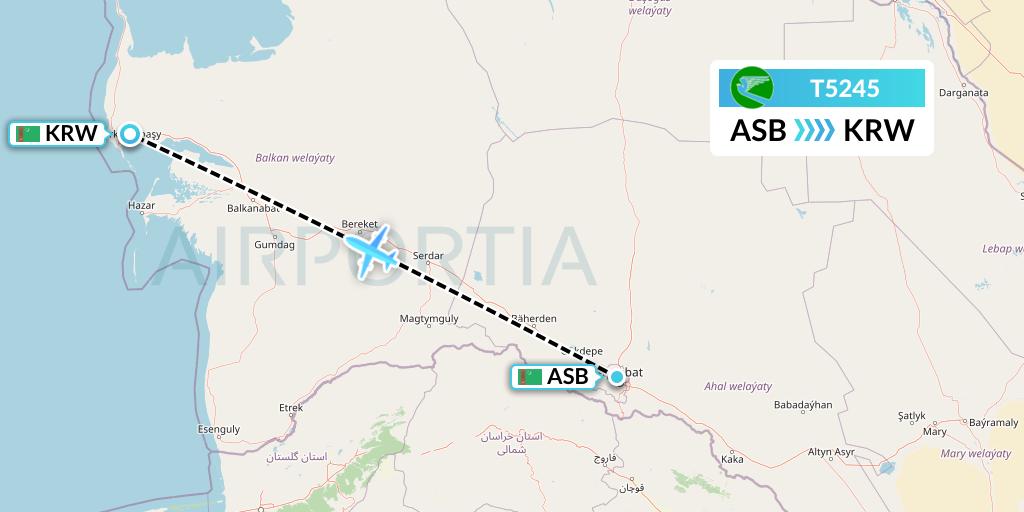 T5245 Turkmenistan Airlines Flight Map: Ashgabat to Turkmenbashi