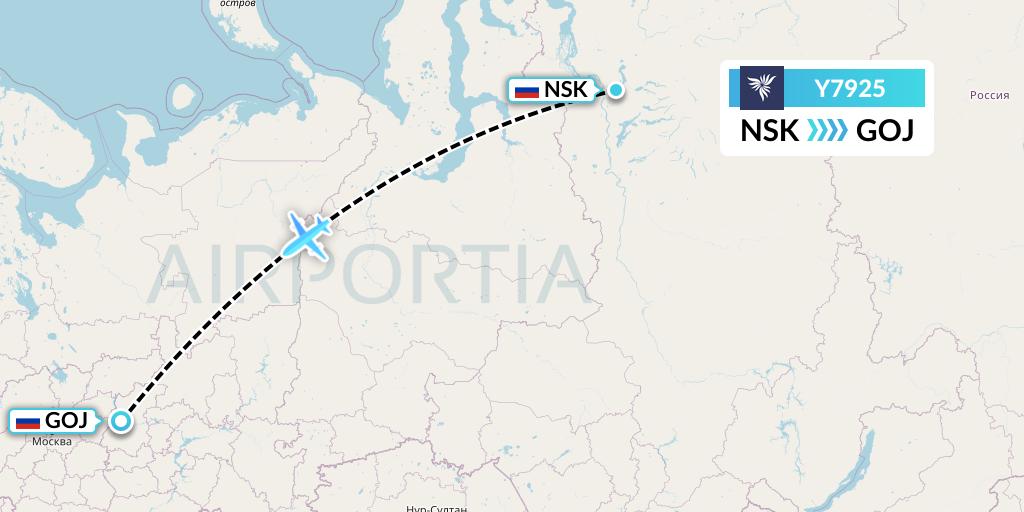 Y7925 NordStar Flight Map: Norilsk to Nizhny Novgorod